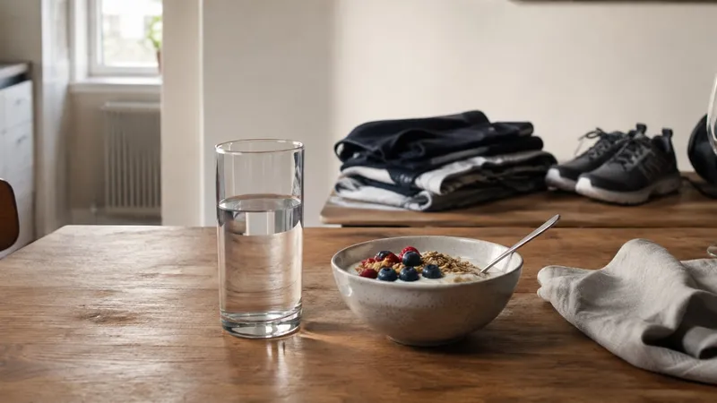 Holztisch zum Frühstück mit einer Schüssel Joghurt mit Haferflocken und Beeren, einem klaren Wasserglas und einem Holzlöffel