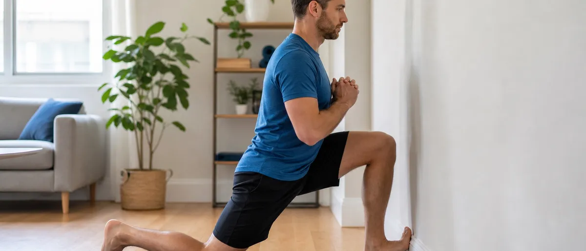 Person doing a half-kneeling ankle dorsiflexion drill beside a wall before bodyweight squats at home