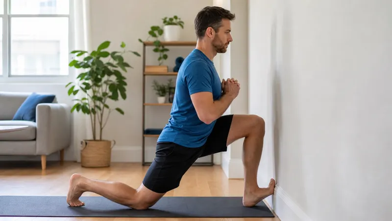 Person doing a half-kneeling ankle dorsiflexion drill beside a wall before bodyweight squats at home