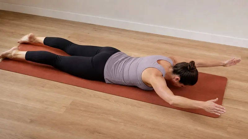 Adult performing a controlled prone reverse snow angel on a mat in a quiet home room