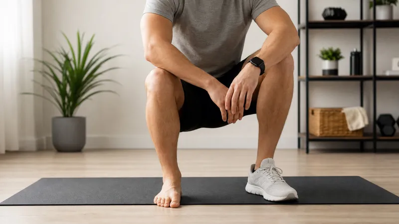 Person choosing between barefoot training and flat athletic shoes before a home workout
