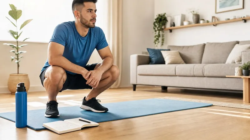 Person pausing in a bodyweight squat beside an open training notebook and home workout mat