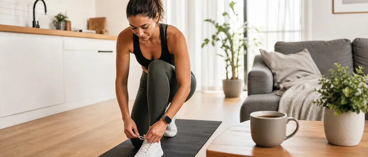 Cup of coffee beside a workout mat before a short home workout at home