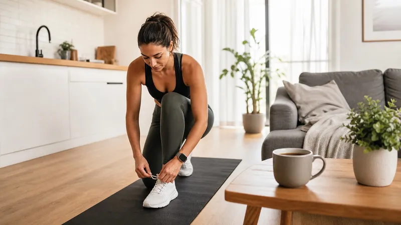 Cup of coffee beside a workout mat before a short home workout at home