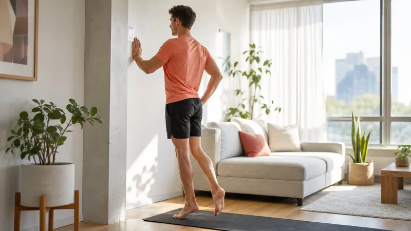 Person doing a slow single-leg calf raise beside a wall at home with a yoga mat and bright natural light