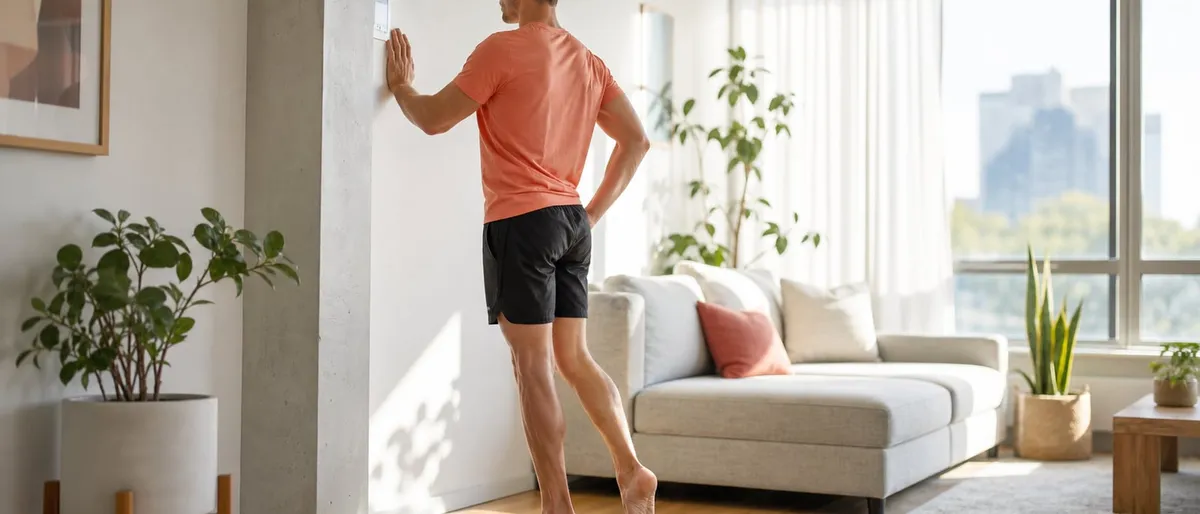 Persoon doet thuis naast een muur een langzame eenbenige calf raise op een yogamat in helder daglicht