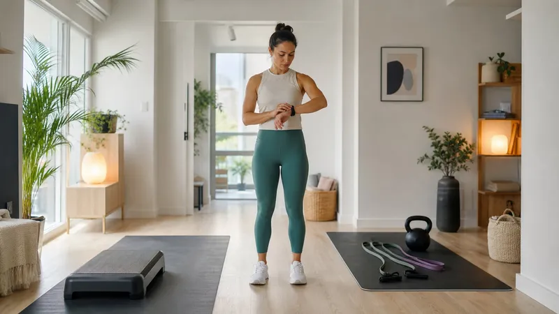 Person kombiniert Krafttraining und Cardio in einem hellen Wohnzimmer