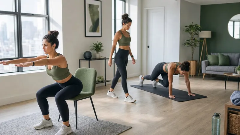 Adult moving between a chair squat station and a floor exercise station in a bright home