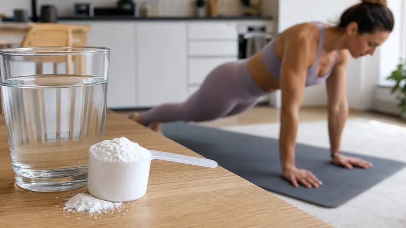 Glas water en maatschep met wit supplement terwijl een vrouw thuis een hoge plank vasthoudt