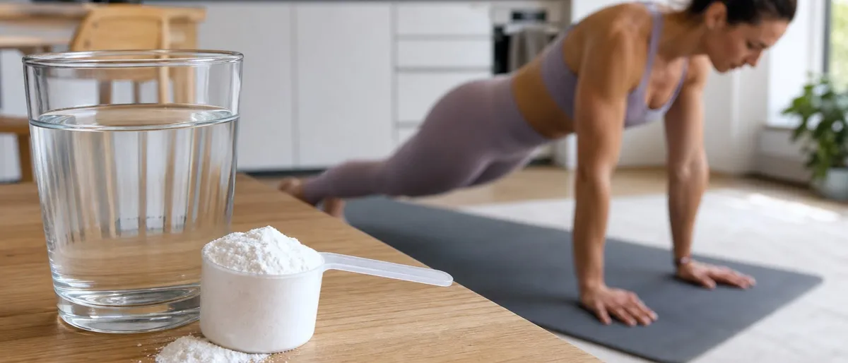 Glas water en maatschep met wit supplement terwijl een vrouw thuis een hoge plank vasthoudt
