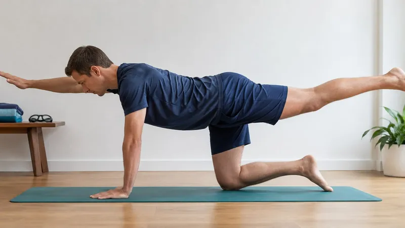 Man in navy sportswear doing a bird-dog on a mat, with towels and swimming goggles on a bench