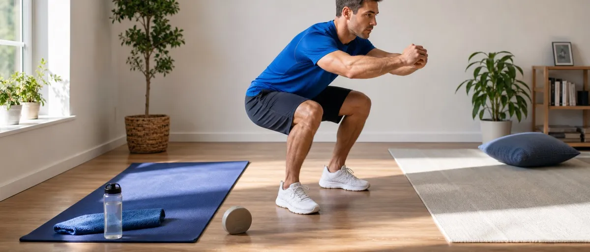 Man doet een squat met lichaamsgewicht tussen twee trainingsmatten in een lichte woonkamer