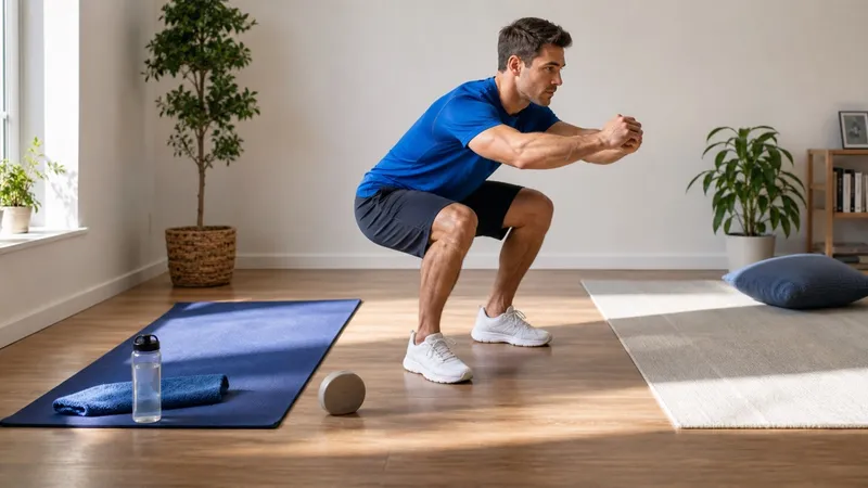 Man doet een squat met lichaamsgewicht tussen twee trainingsmatten in een lichte woonkamer