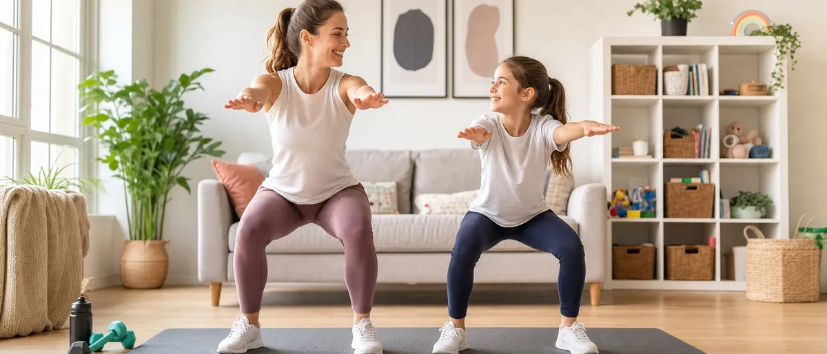 Parent and child doing a simple squat reach together on a mat during a family workout at home