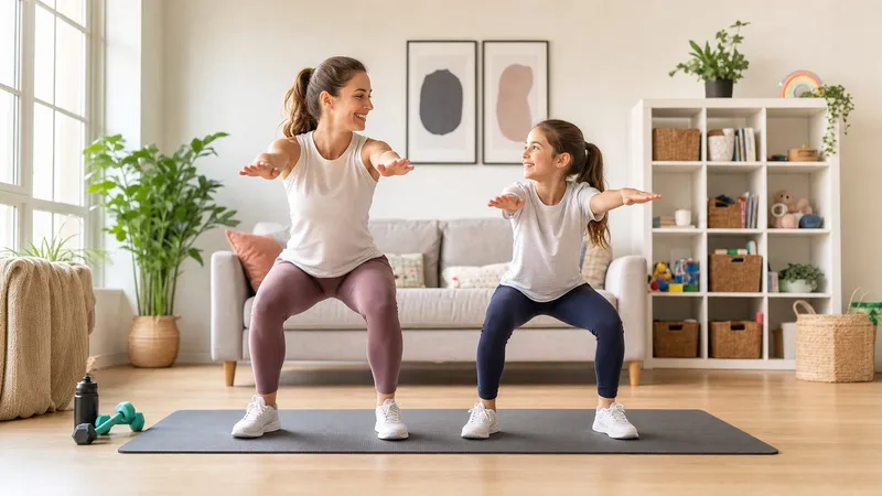 Parent and child doing a simple squat reach together on a mat during a family workout at home