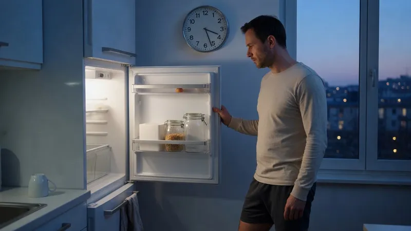 Adult in athletic clothes standing at an open refrigerator before dawn, deciding whether to eat before a short home workout