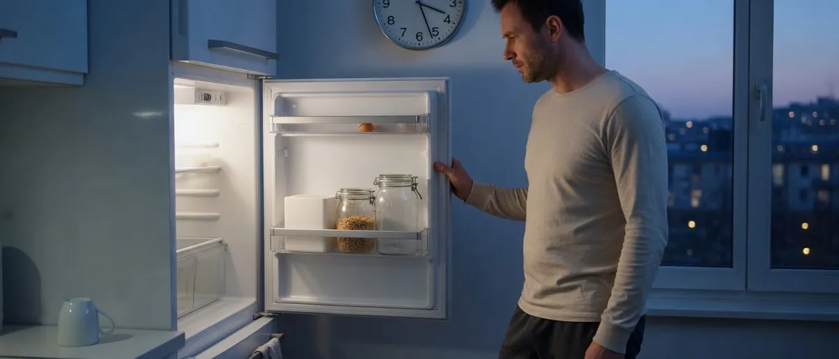 Adult in athletic clothes standing at an open refrigerator before dawn, deciding whether to eat before a short home workout