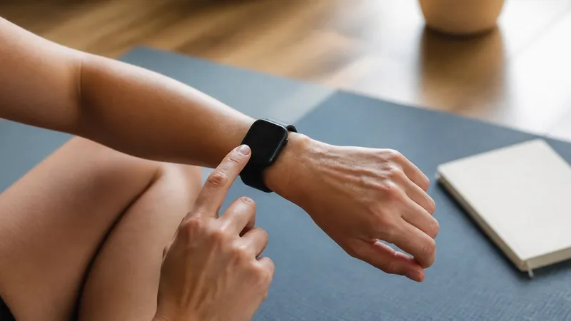 Person checking a fitness watch beside a closed notebook on a home workout mat