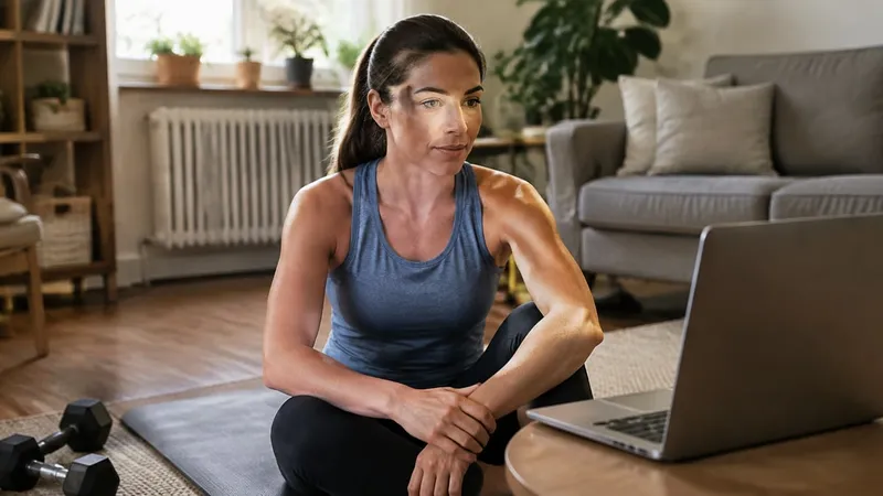 Erwachsene Person wählt zwischen einem geführten Workout am Handy und einem Heimtraining im eigenen Tempo