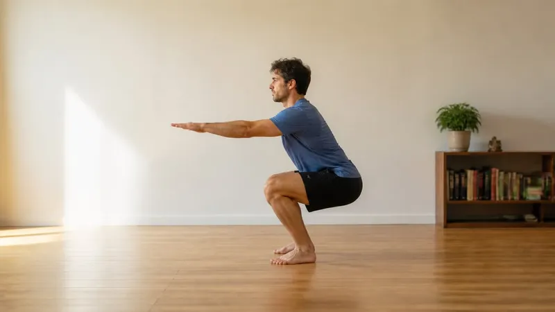 Man holding a bodyweight squat with arms extended in a bright living room
