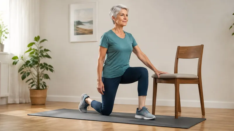 Older woman in a half-kneeling position with one hand on a chair seat in a bright living room