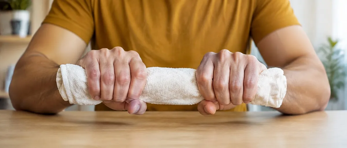 Kädet puristavat rullattua valkoista pyyhettä puupöydän yllä