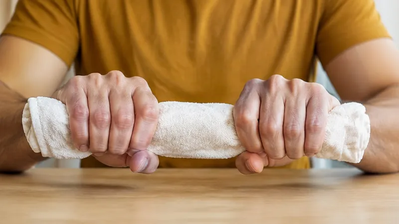 Hands holding a rolled white towel above a wooden table