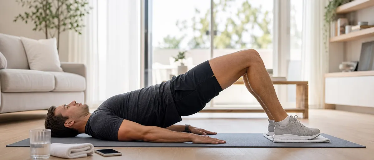 Persoon doet een hamstring bridge slider op een mat thuis met een handdoek onder de hielen