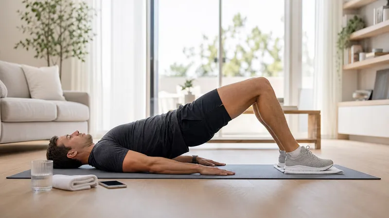 Person doing a hamstring bridge slider on a mat at home with a towel under the heels