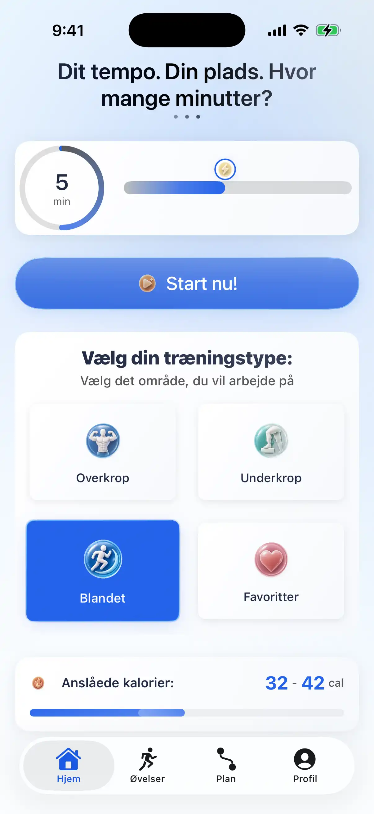 RazFit-appens startskærm med træningsvarighed, træningstyper og fremskridt