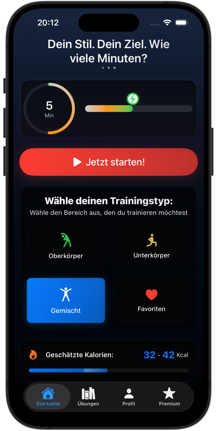 RazFit App Startbildschirm mit Trainingsoptionen und Fortschritt