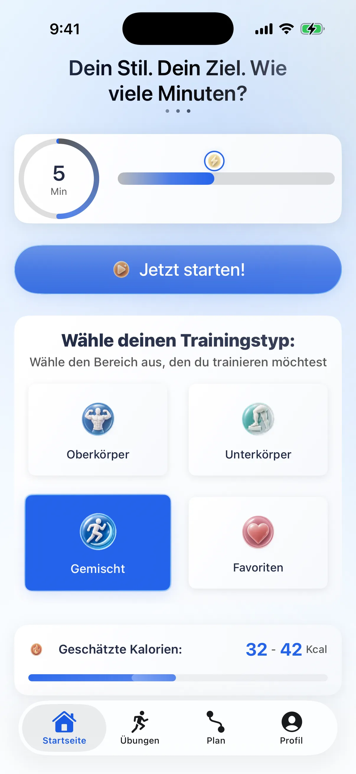 RazFit App Startbildschirm mit Trainingsoptionen und Fortschritt