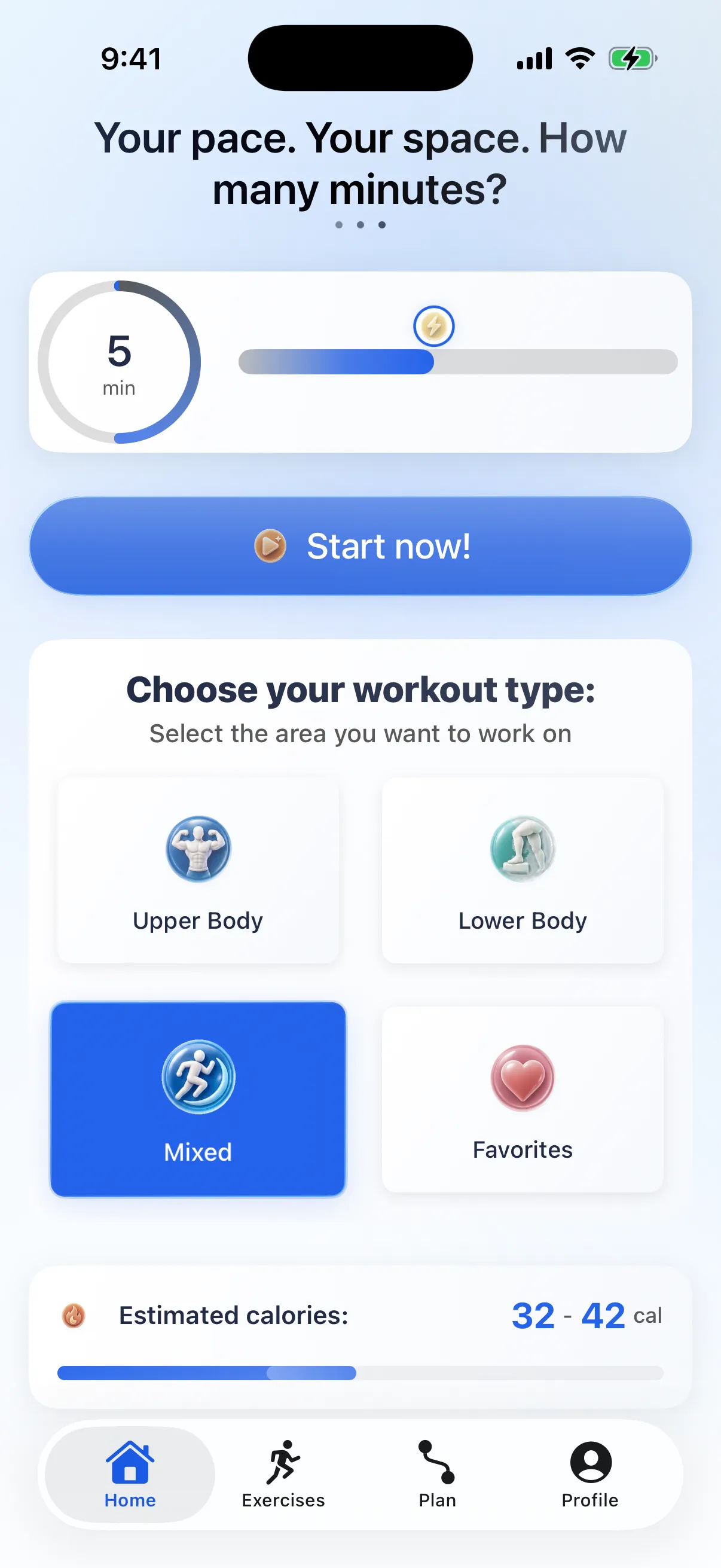 RazFit app home screen showing workout options and progress