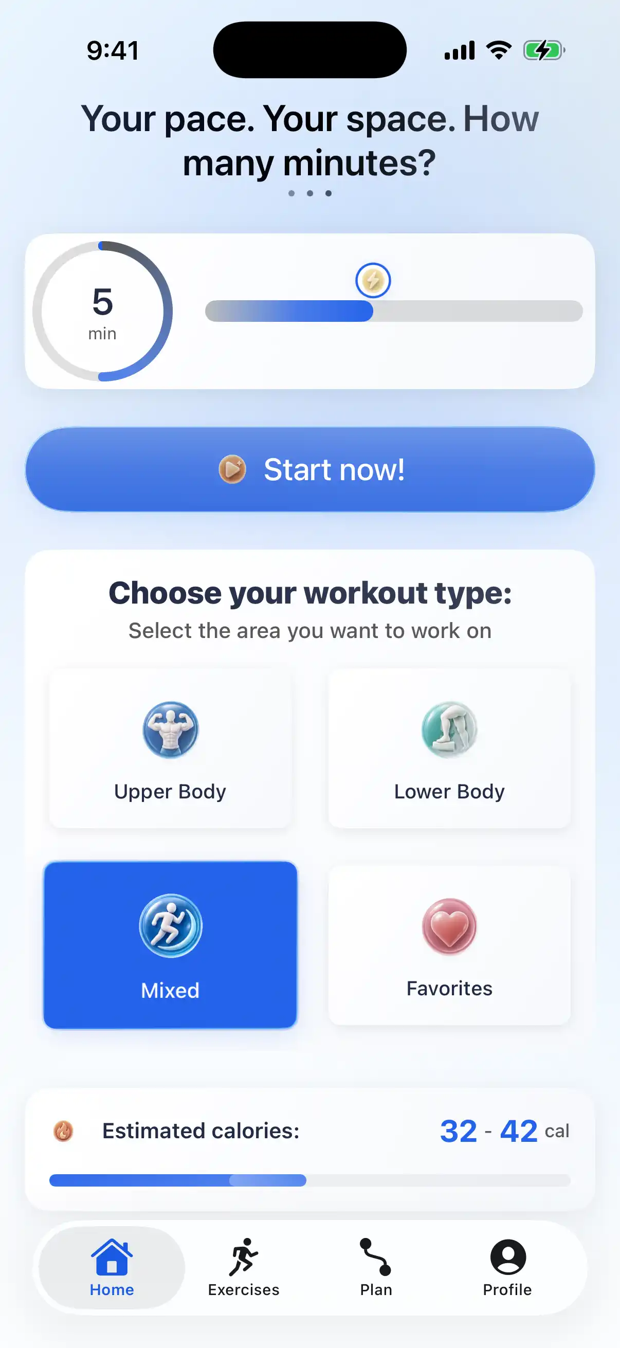 RazFit app home screen showing workout duration, workout types, and progress