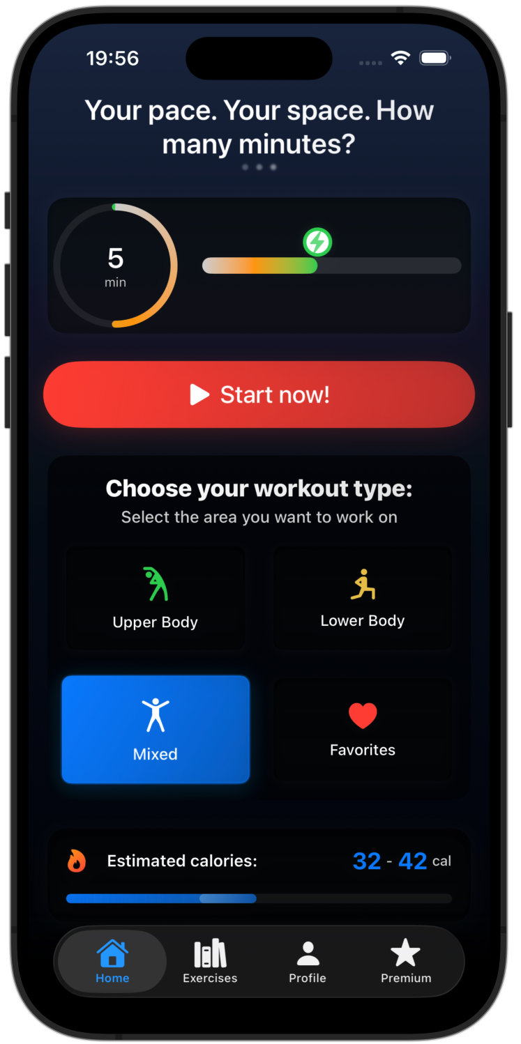 RazFit app home screen showing workout options and progress