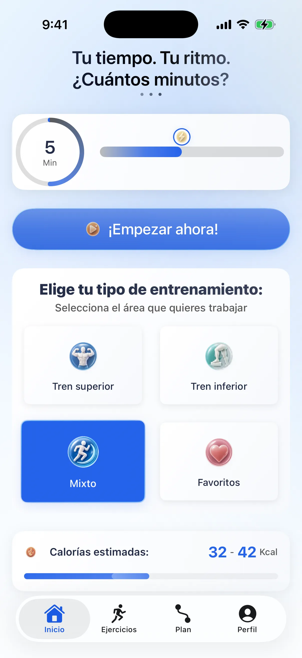 Pantalla de inicio de RazFit mostrando opciones de entrenamiento y progreso