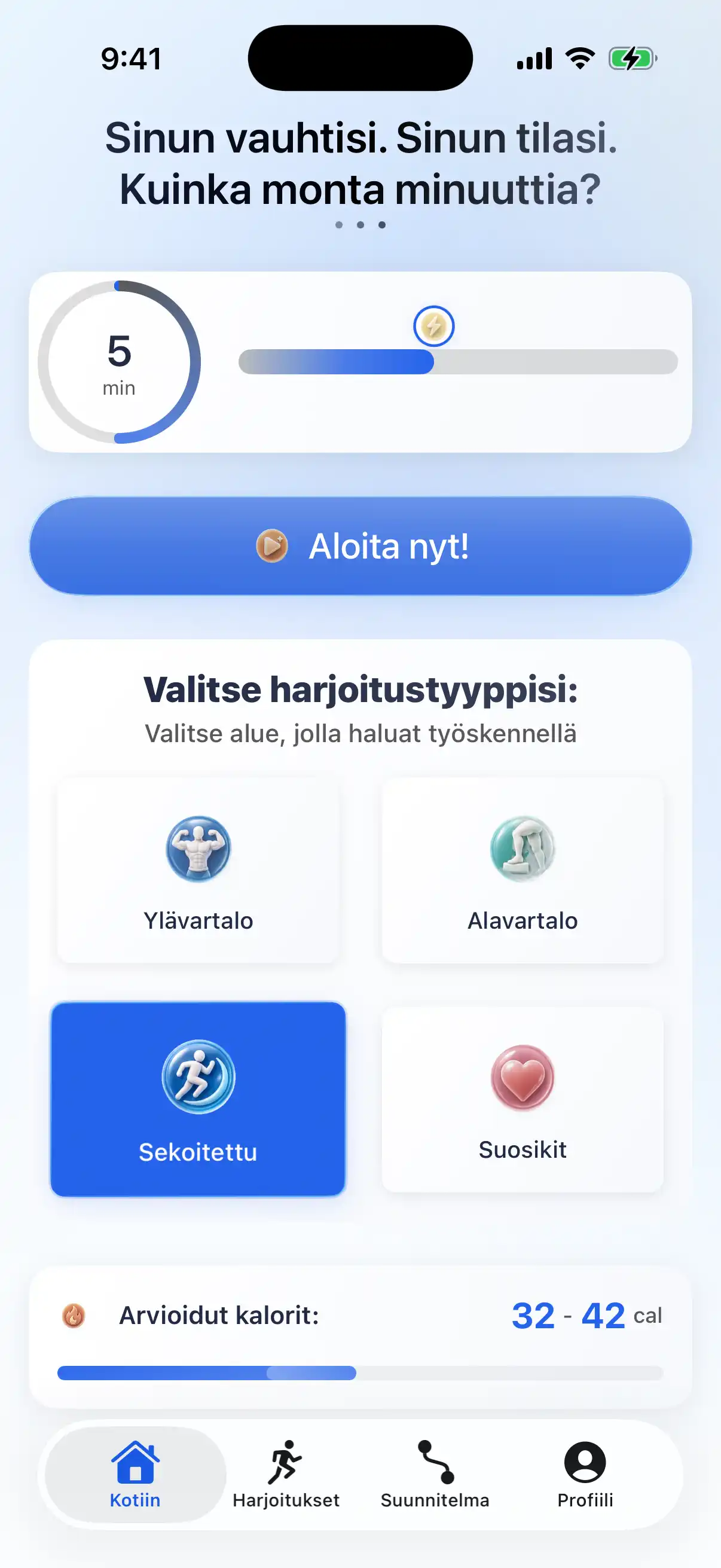 RazFit-sovelluksen kotinäkymä, jossa näkyvät treenin kesto, treenityypit ja edistyminen