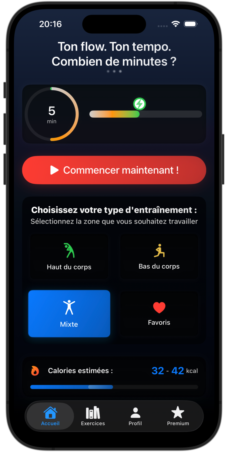 Écran d'accueil RazFit affichant les options d'entraînement et la progression