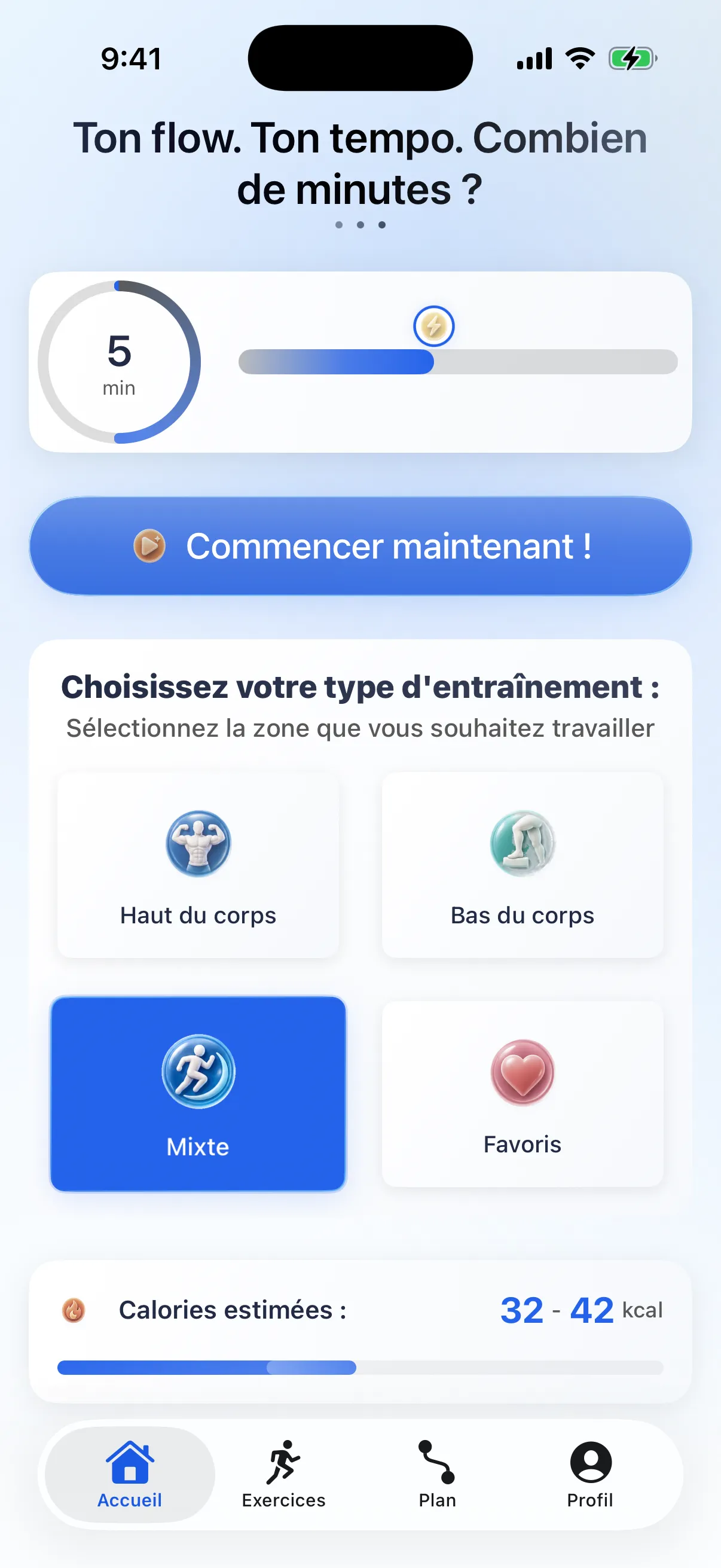 Écran d'accueil RazFit affichant les options d'entraînement et les progrès