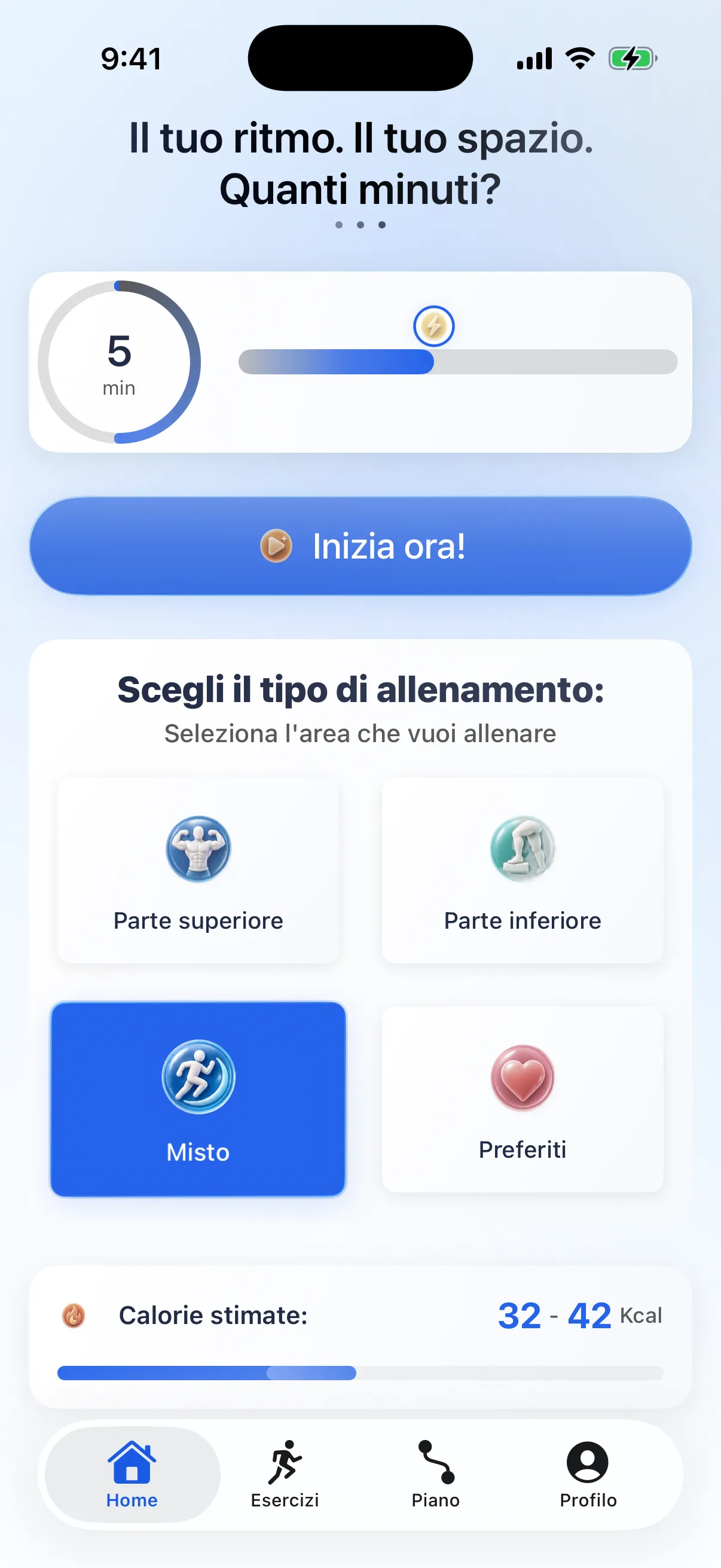 Schermata principale dell'app RazFit con opzioni di allenamento e progressi