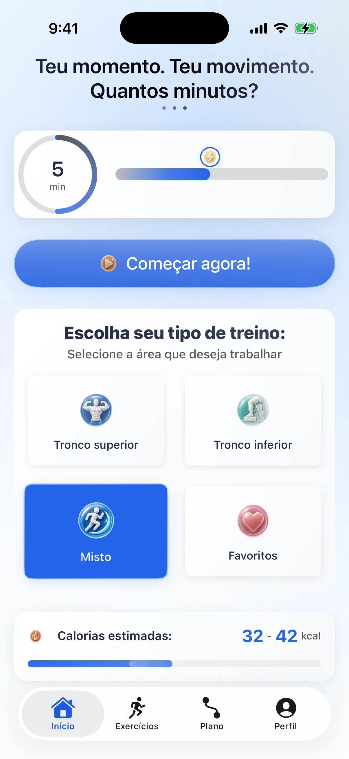 Ecrã inicial da RazFit com opções de treino e progresso