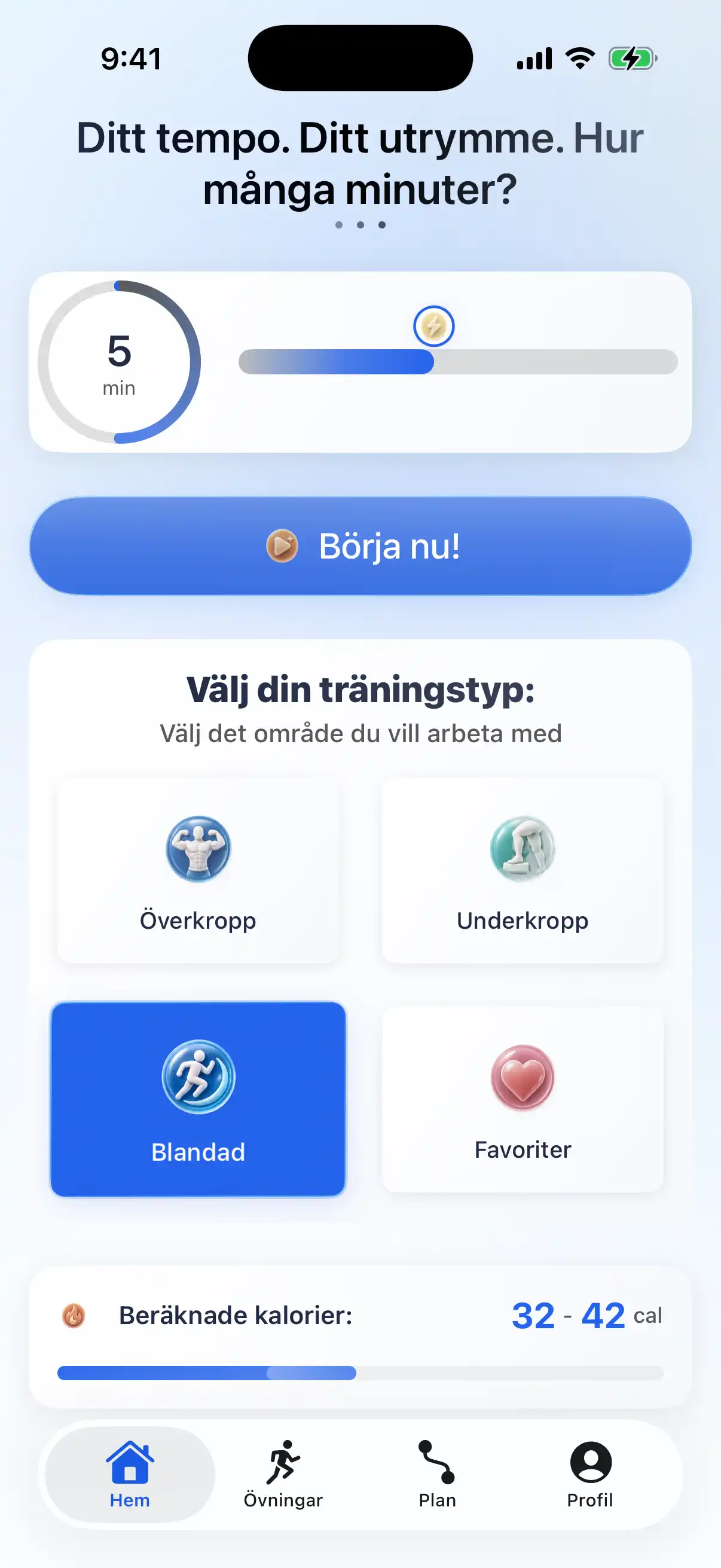 RazFit-appens startskärm som visar träningslängd, träningstyper och framsteg