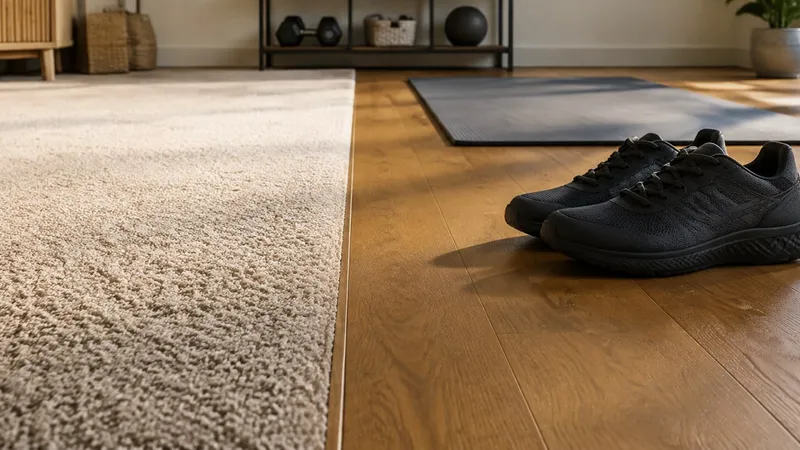 Graue Sportschuhe und eine gefaltete blaue Trainingsmatte auf Teppich neben einem Hartholzboden im Wohnzimmer