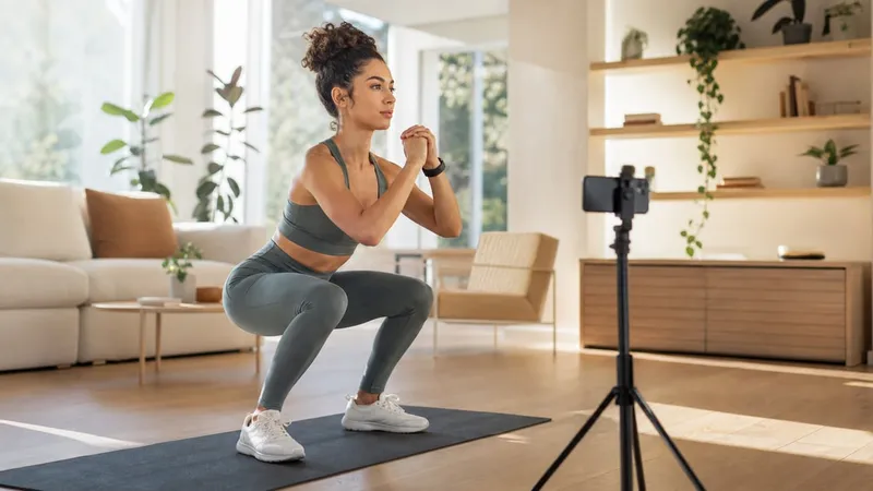 Persoon gebruikt een telefoon op statief om de techniek van een lichaamsgewichtsoefening te controleren tijdens een korte thuisworkout