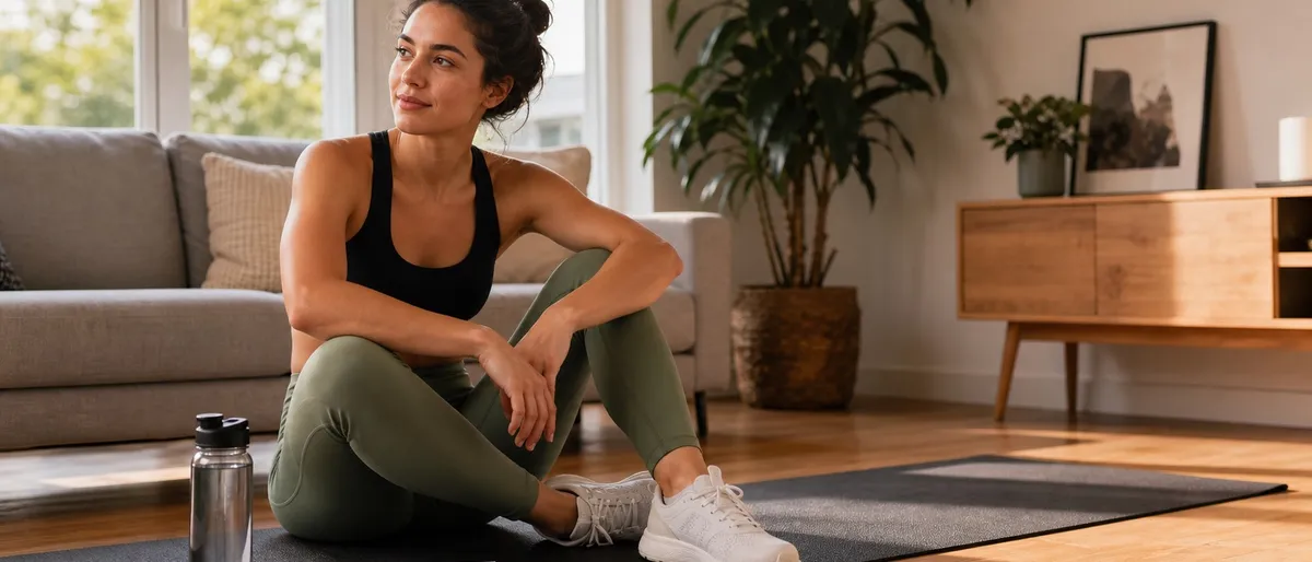 Person resting on a workout mat at home after a short bodyweight session