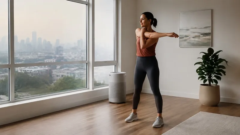 Woman stretching her shoulder indoors beside a closed window and an air purifier, with a hazy city outside