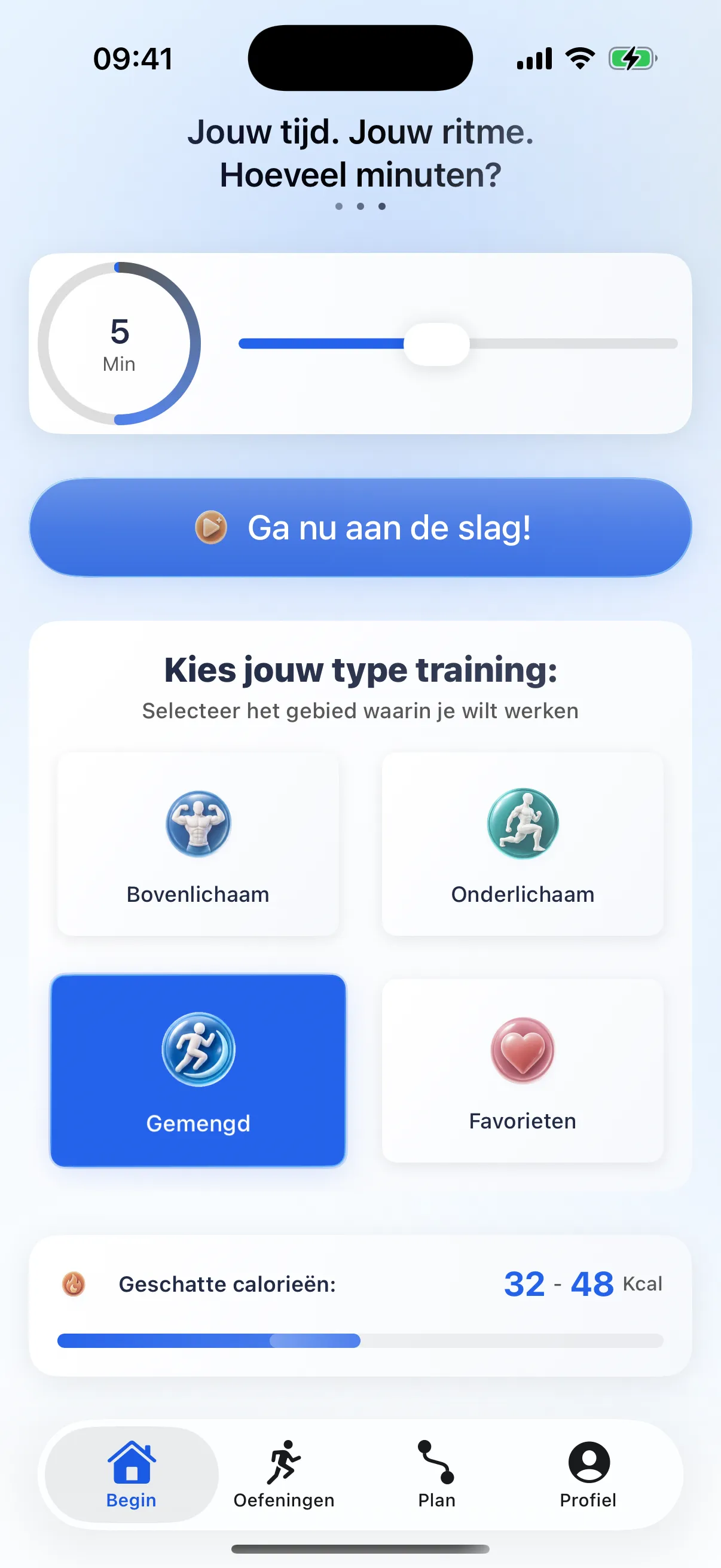 Het startscherm van de RazFit-app toont de trainingsduur, trainingstypes en voortgang