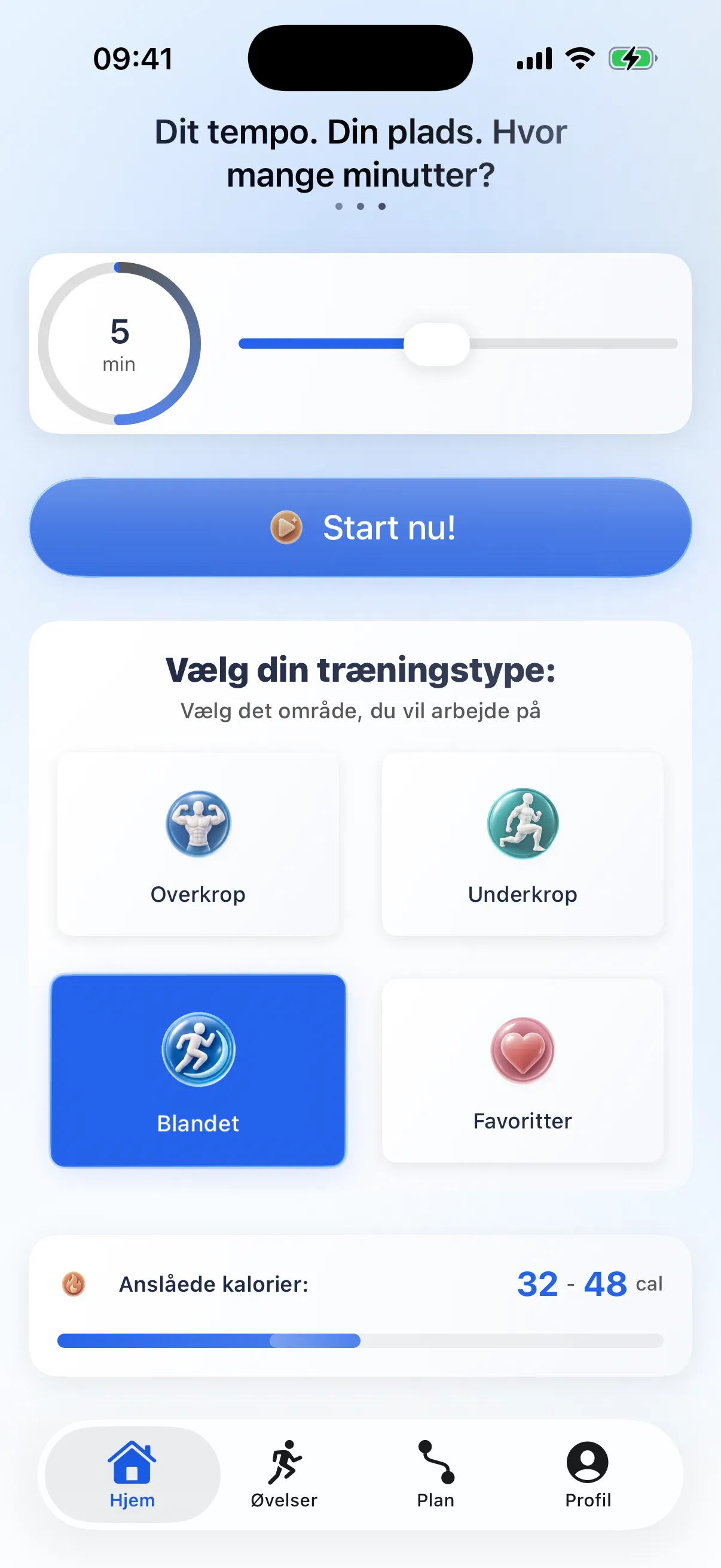 RazFit-appens startskærm med træningsvarighed, træningstyper og fremskridt