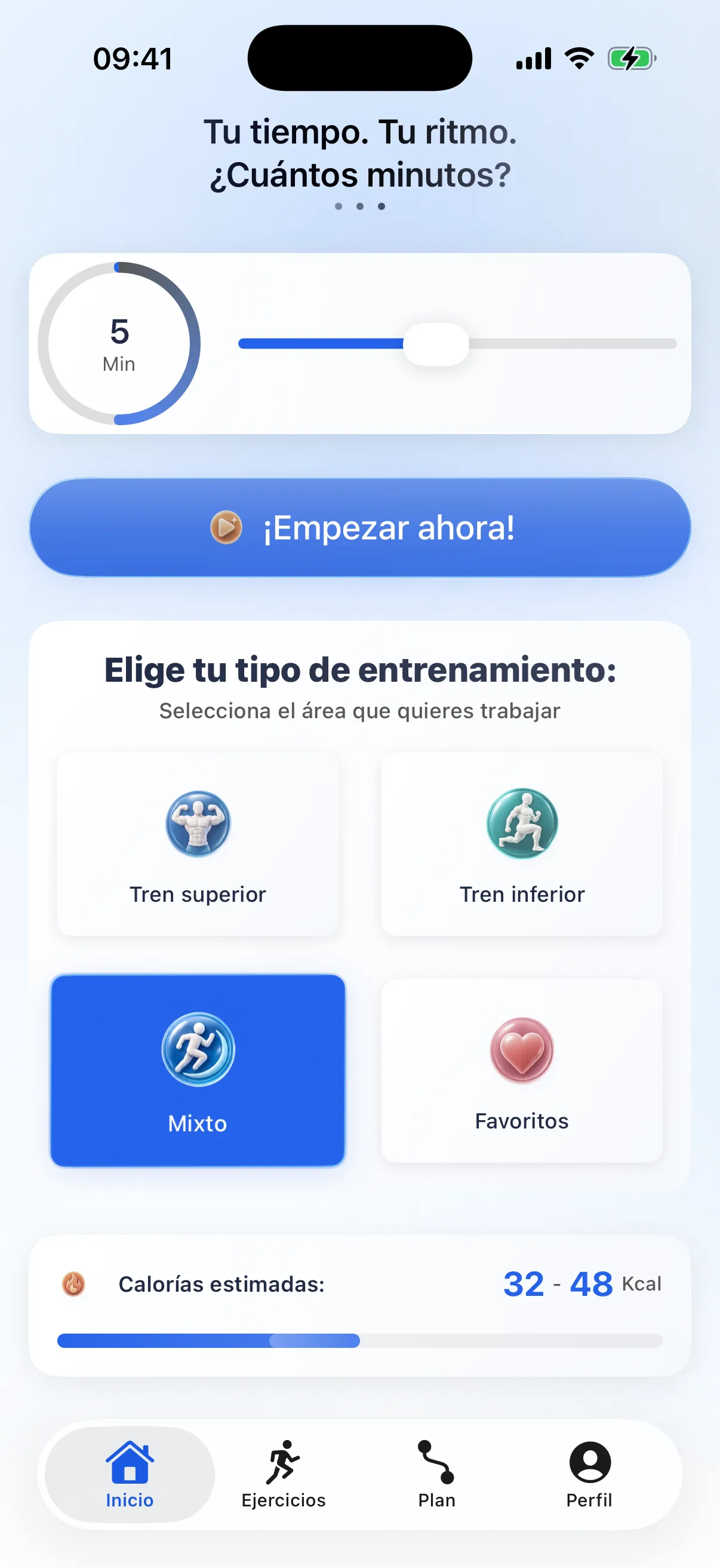 Pantalla de inicio de RazFit mostrando duración, tipos de entrenamiento y progreso