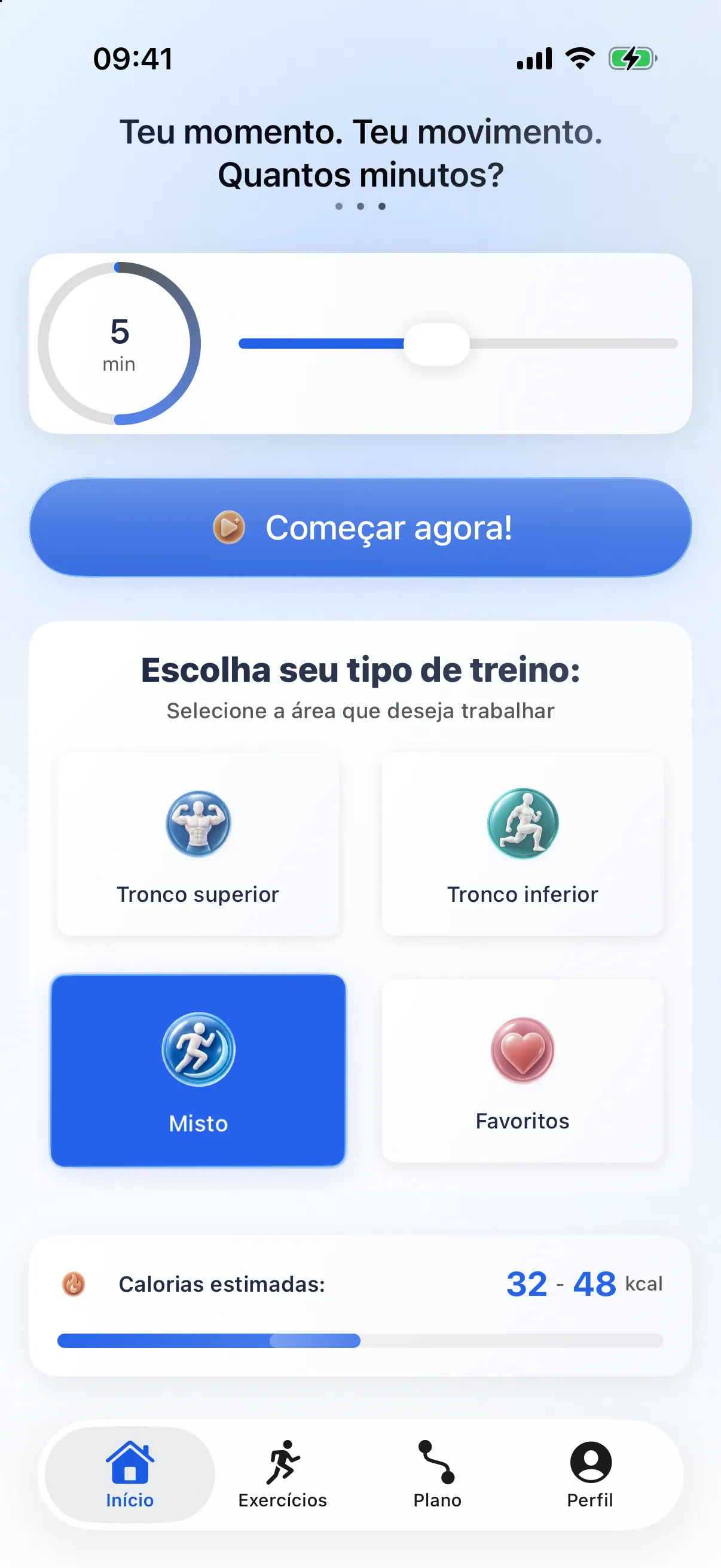 Ecrã inicial da RazFit com duração do treino, tipos de treino e progresso